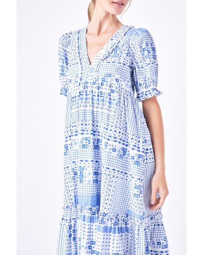 English Factory Geometric Print Tiered Midi Dress - Blue