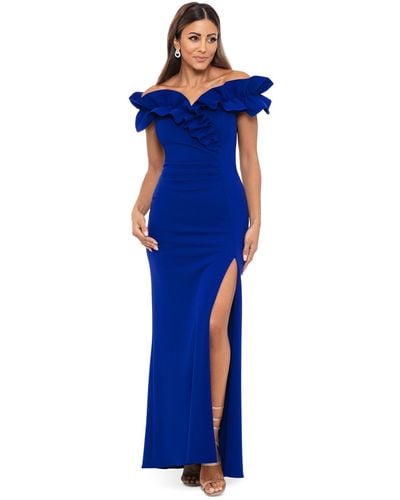 Xscape Ruffled Ruched Scuba Fit & Flare Gown - Blue