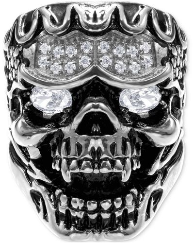 Black Jack Jewelry Cubic Zirconia Ornately Detailed Skull Statement Ring - Gray