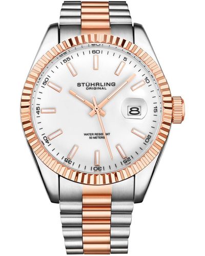 Stuhrling Silver-tone And Rose Gold-tone Stainless Steel Link Bracelet Watch 42mm - White