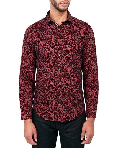 Society of Threads Regular-fit Flocked Paisley Button-down Shirt - Red