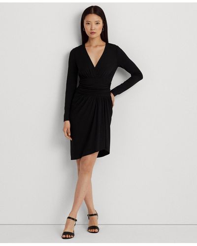Lauren by Ralph Lauren Ruched Stretch Jersey Surplice Dress - Black