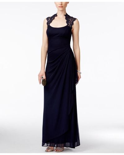 Xscape X By Stand-collar Illusion Back Gown - Blue