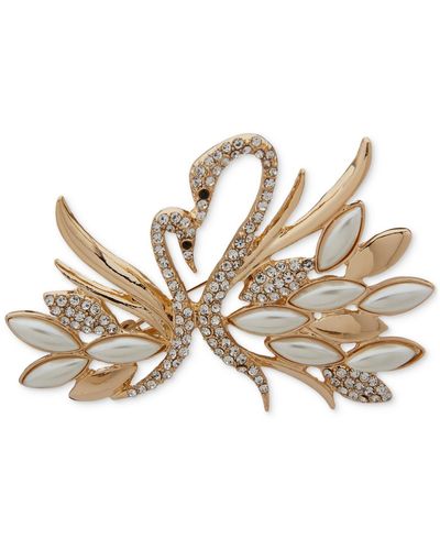 Anne Klein Gold-tone Imitation Pearl Swans Pin - Natural