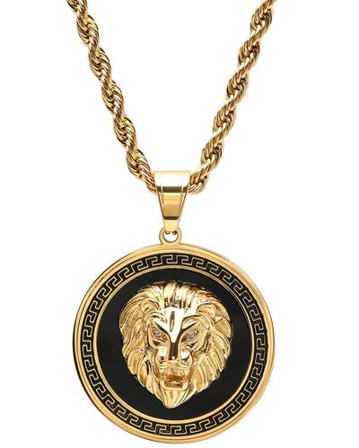 Steeltime Two-tone Stainless Steel Simulated Diamond Lion Head On Greek Key Mount 24" Pendant Necklace - Metallic