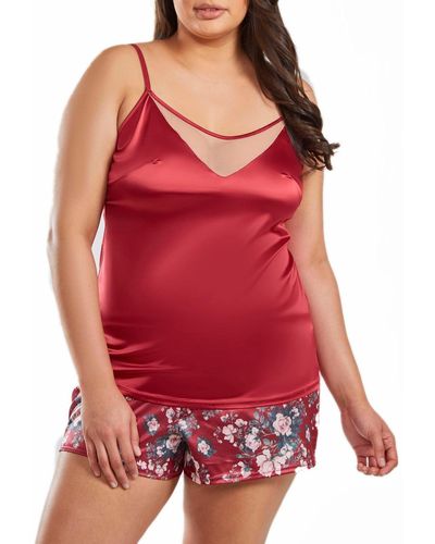 iCollection Jenna Plus Size Contrast Satin Tank And Floral Short Set - Red