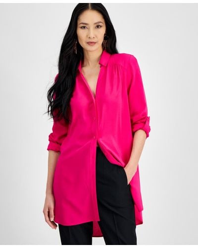 INC International Concepts Roll-tab Button-down Long Blouse - Pink