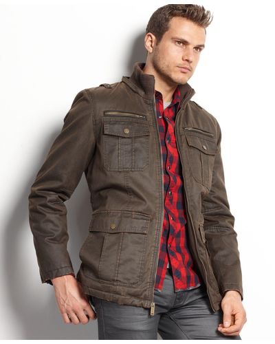 Guess Coat, Antique-finish Hooded Jacket - Brown