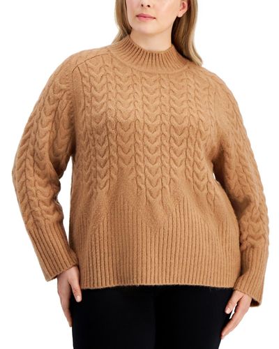 Calvin Klein Plus Size Cable-knit Mock Neck Sweater - Brown