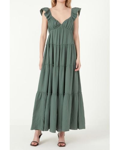 Free the Roses Maxi Sweetheart Dress With Raw Edge Details - Green