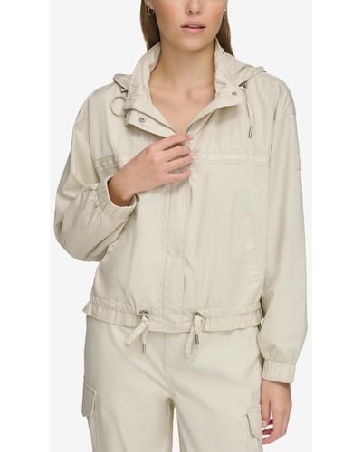 DKNY Logo-trim Hooded Zip-front Jacket - Natural