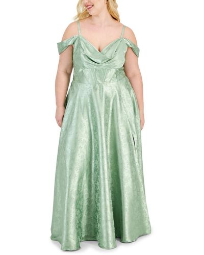 B Darlin Trendy Plus Size Off-the-shoulder Satin Jacquard Gown - Green