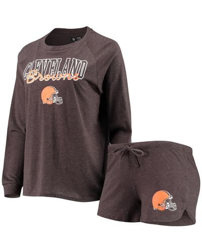 Concepts Sport Cleveland S Meter Knit Long Sleeve Raglan Top And Shorts Sleep Set - Brown
