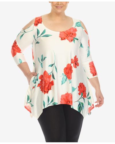 White Mark Plus Size Floral Printed Cold Shoulder Tunic Top - Multicolor