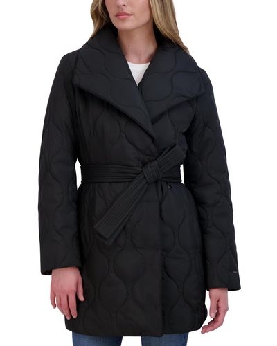Tahari Belted Asymmetrical Quilted Coat - Black