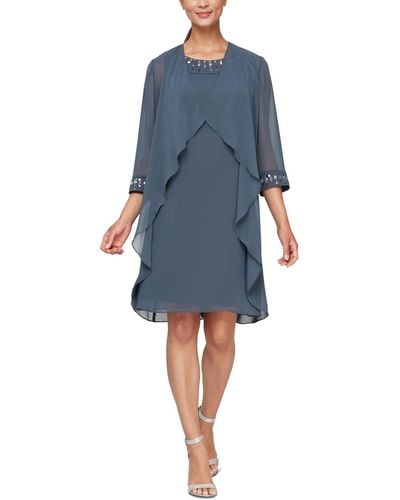 Sl Fashions Embellished-neck Long Overlay Jacket Dress - Blue