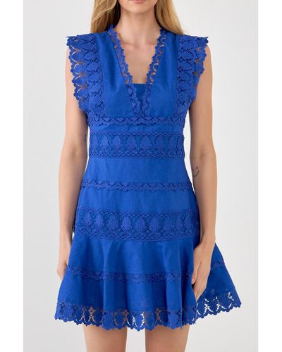 Endless Rose Plunging Neck Lace Trim Dress - Blue