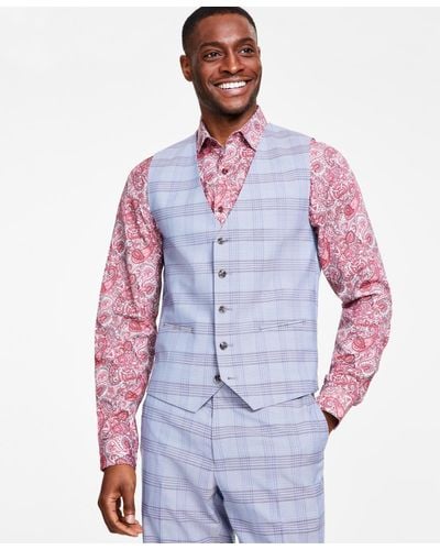 Tayion Collection Classic Fit Plaid Suit Vest - Blue