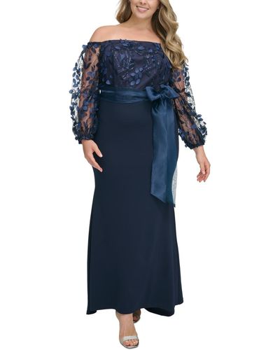 Eliza J Plus Size Floating Petals Off-the-shoulder Gown - Blue