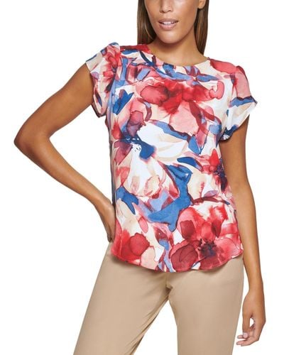 DKNY Petite Floral-print Flutter-sleeve Blouse - Red