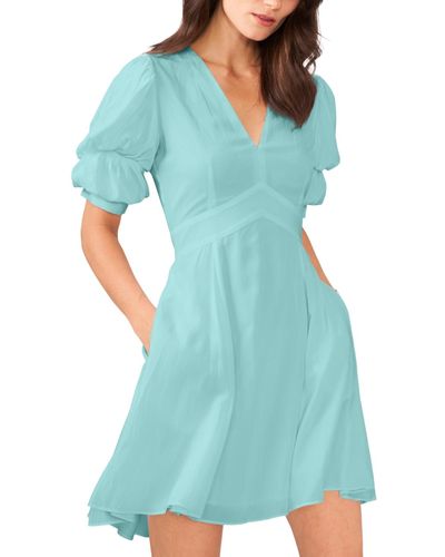 1.STATE V-neck Tiered Bubble Puff Sleeve Mini Dress - Blue