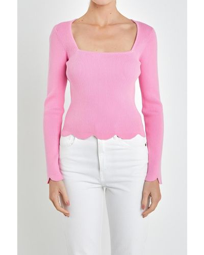 English Factory Scallop Hem Long Sleeve Sweater - Pink