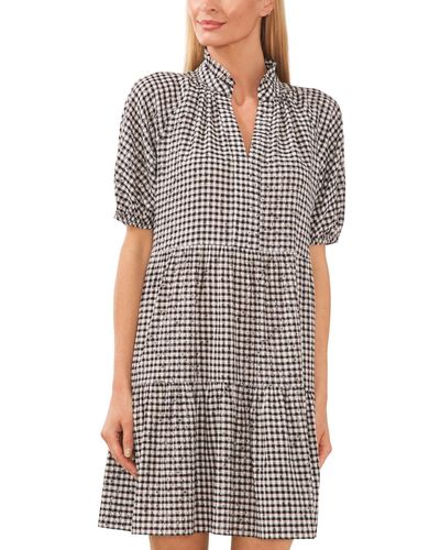 Cece Gingham Babydoll Elbow-sleeve Tiered Dress - Gray