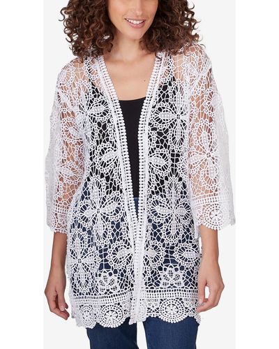 Ruby Rd. Petite Medallion Lace Scalloped Cardigan - Gray