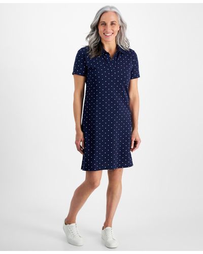 Style & Co. Petite Weekender Dotted Cotton Polo Shirt Dress - Blue