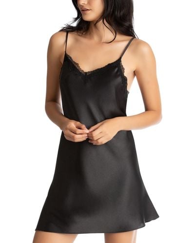 Linea Donatella Lace-trim Solid Satin Chemise Nightgown - Black
