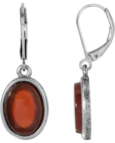 2028 Silver-tone Semi Precious Carnelian Oval Flat Drop Earrings - Red