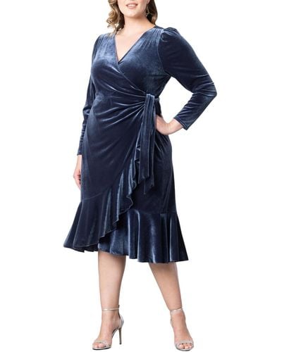 Kiyonna Plus Size Viola Velvet Long Sleeve Wrap Dress - Blue