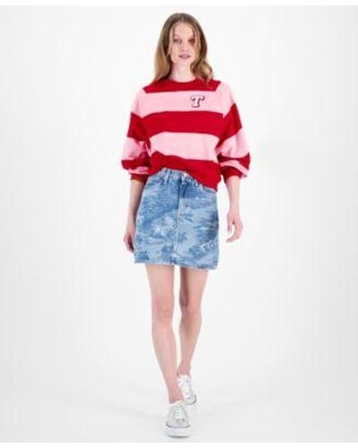 Tommy Hilfiger Striped Letterman Crewneck Cotton Sweatshirt Hawaiian Print Denim Mini Skirt - Red