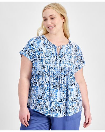 Tommy Hilfiger Plus Size Floral Short-sleeve Pintuck Top - Blue