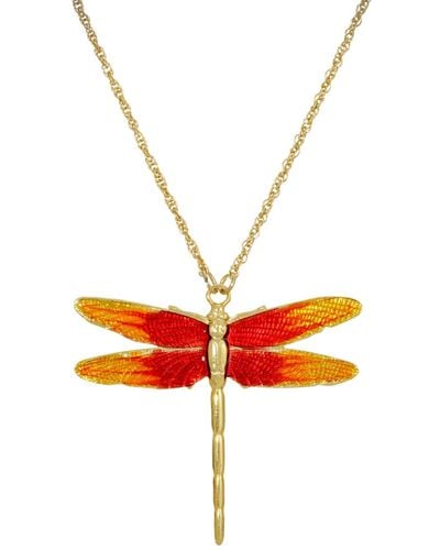 2028 Gold Tone Enamel Dragonfly Pendant Necklace - Orange
