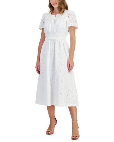 Anne Klein Cotton Embroidered Eyelet Midi Dress - White