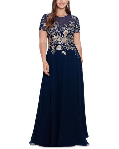 Betsy & Adam Plus Size Beaded Embroidered Gown - Blue