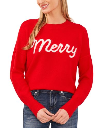 Cece Merry Script Long-sleeve Cozy Sweater - Red