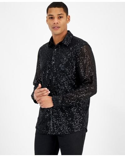 INC International Concepts Regular-fit Sequin Button-down Shirt - Black