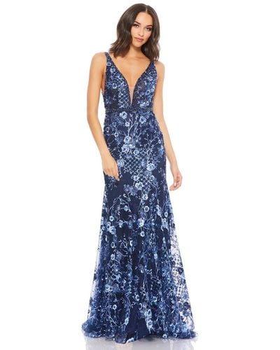 Mac Duggal Floral Embellished Sleeveless Plunge Neck Gown - Blue