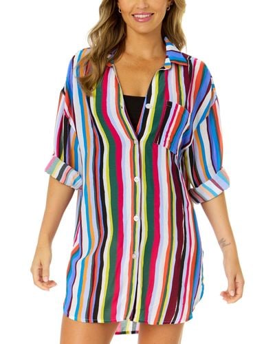 Anne Cole Striped Boyfriend Cover-up Shirt - Red
