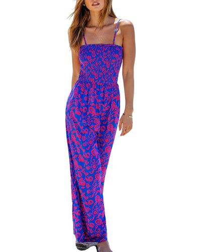 CUPSHE Floral Square Neck Smocked Bodice Straight Leg Jumpsuit - Purple