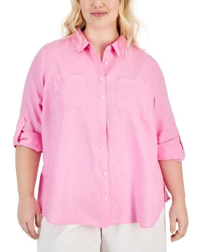 Charter Club Plus Size 100% Linen Roll-tab Shirt - Pink
