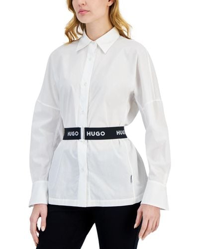 HUGO Button-down Long-sleeve Logo Belted Tunic Top - White