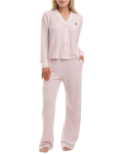 Tommy Hilfiger Speckled Waffle-knit Cardigan Top And Pajama Pants Set - Pink