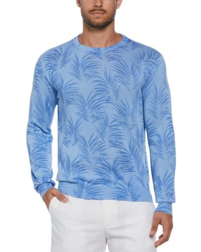Cubavera Palm Print Crewneck Jacquard Sweater - Blue