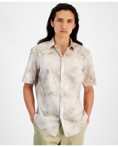 Alfani Regular-fit Stretch Watercolor Petal-print Button-down Poplin Shirt - White