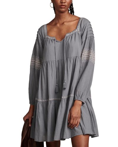 Lucky Brand Cotton Embroidered Tiered Long-sleeve Mini Dress - Gray