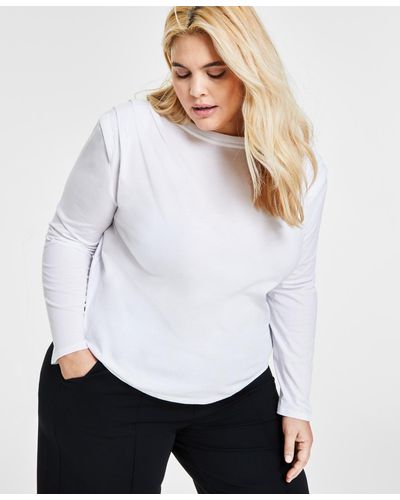 BarIII Plus Size Cotton Round-neck Pleat-shoulder T-shirt - White