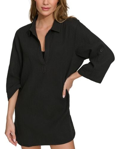 DKNY Gauze Beach Tunic Cotton Cover-up Dress - Black